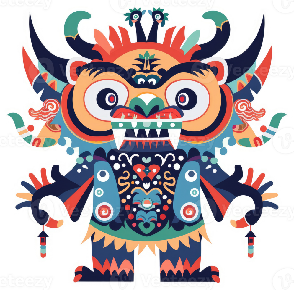 A vibrant, stylized illustration of a mythical creature with intricate, colorful patterns. png