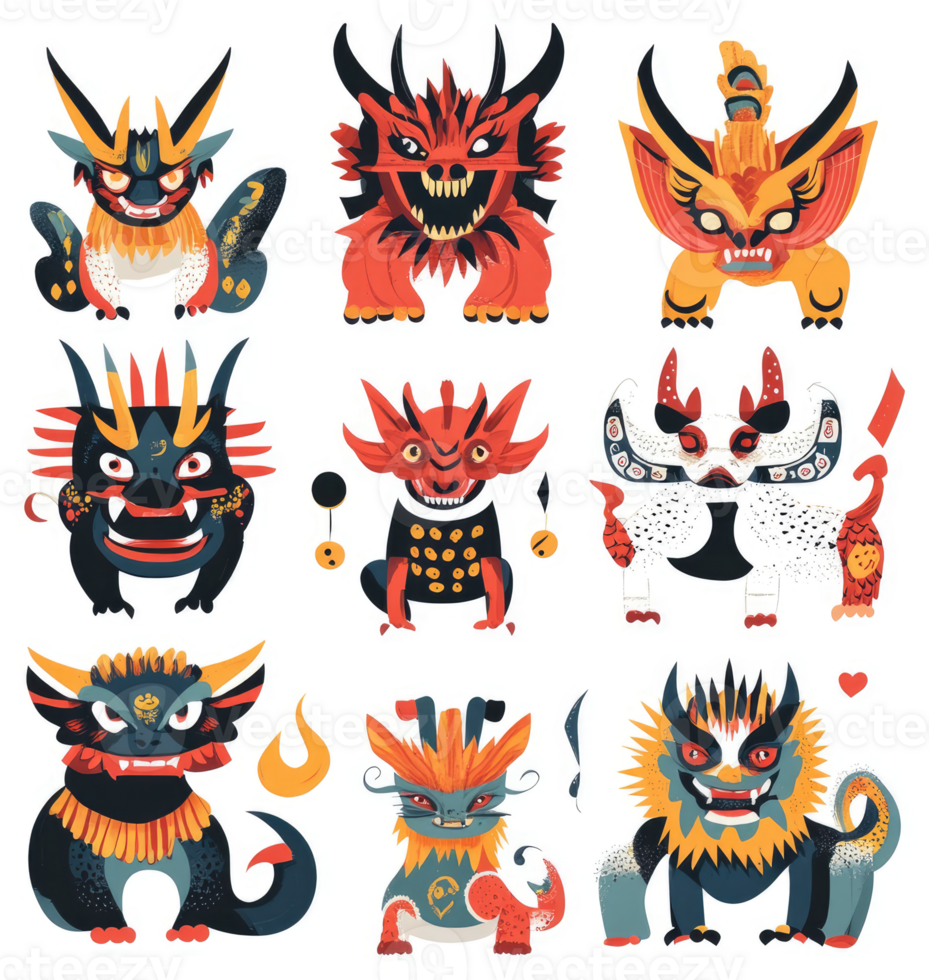 Nine colorful stylized mythical creatures, possibly Asian-inspired. png