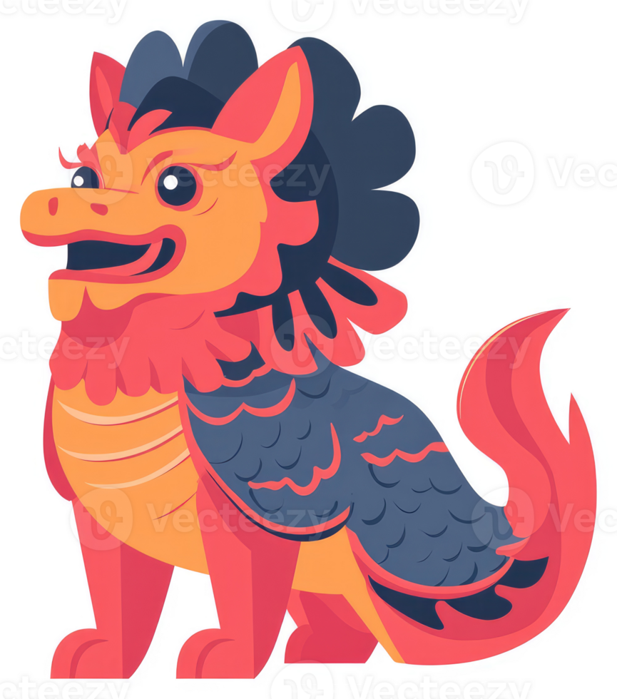 A colorful stylized depiction of a chinese guardian lion statue. png