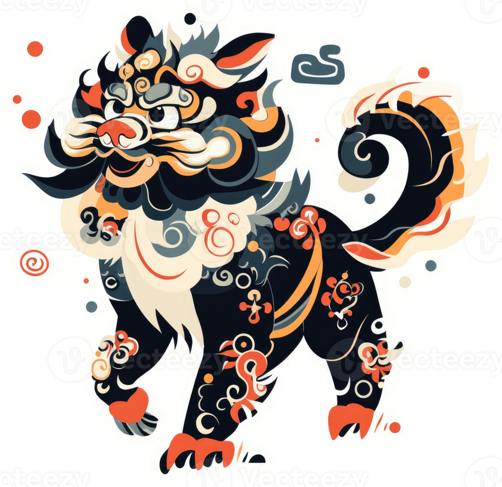 A stylized illustration of a chinese guardian lion, adorned with intricate patterns. png