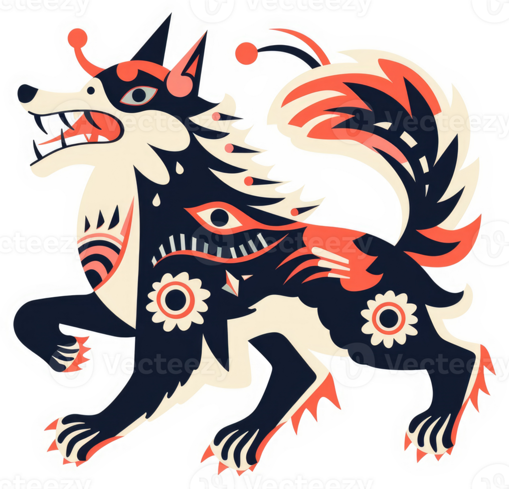 A stylized, mythical wolf with intricate decorative patterns. png