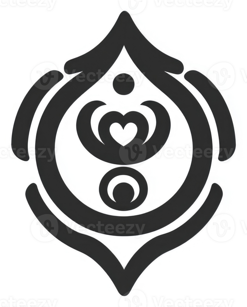 A stylized, abstract graphic design of a teardrop shape with concentric circles and a heart. png