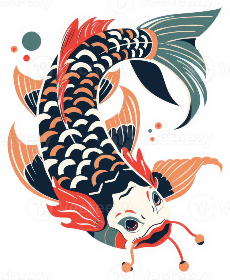 Vibrant koi fish illustration in a stylized, decorative design. png