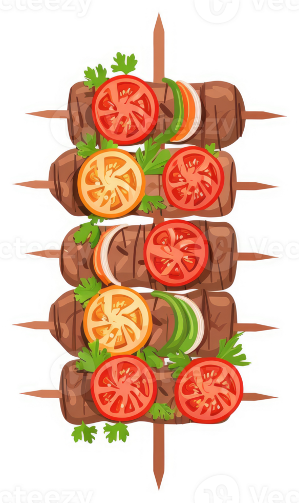 Deliciously arranged skewers of grilled meat with vibrant toppings. png