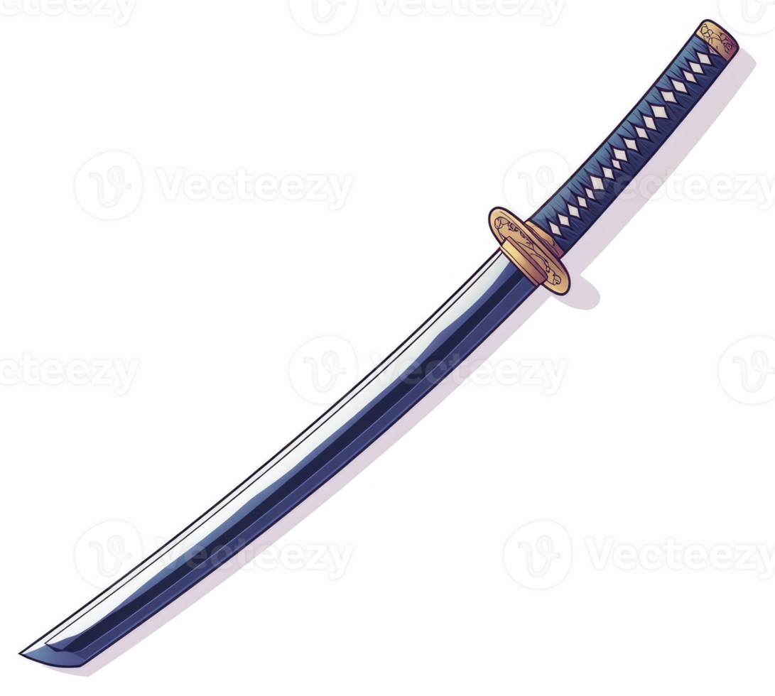 A depicted katana blade, showcasing its polished steel and decorative hilt. png