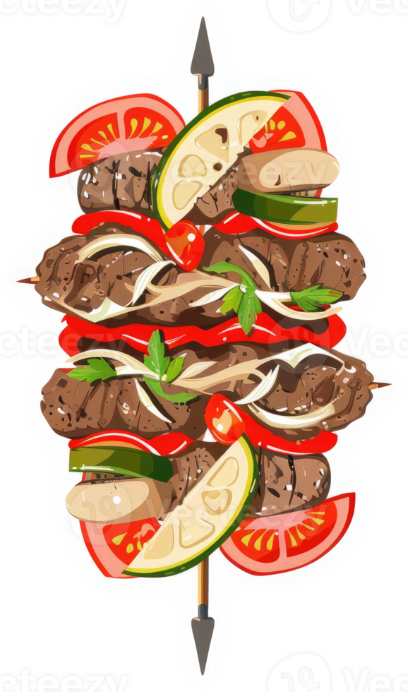 A colorful illustration of a delicious skewer featuring grilled meat, vegetables, and herbs. png