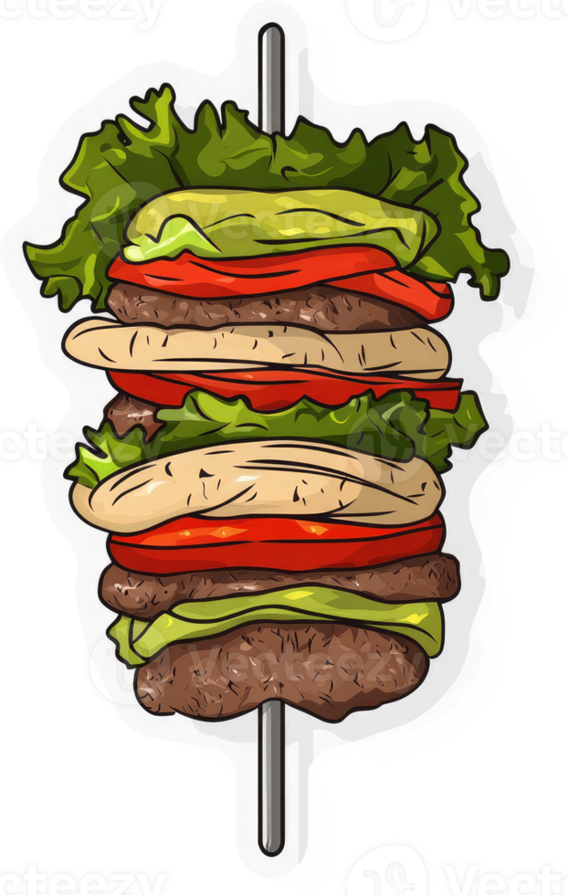 A towering burger skewer, piled high with delicious ingredients. png