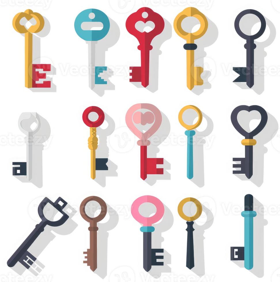 Assorted colorful decorative keys in flat design style. png