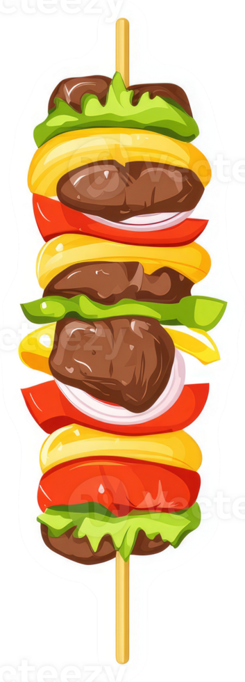 A colorful skewer of grilled meat and vegetables. png