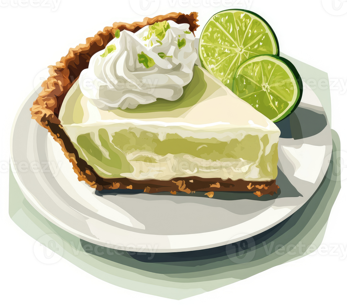A slice of key lime pie with whipped cream and lime wedges. png