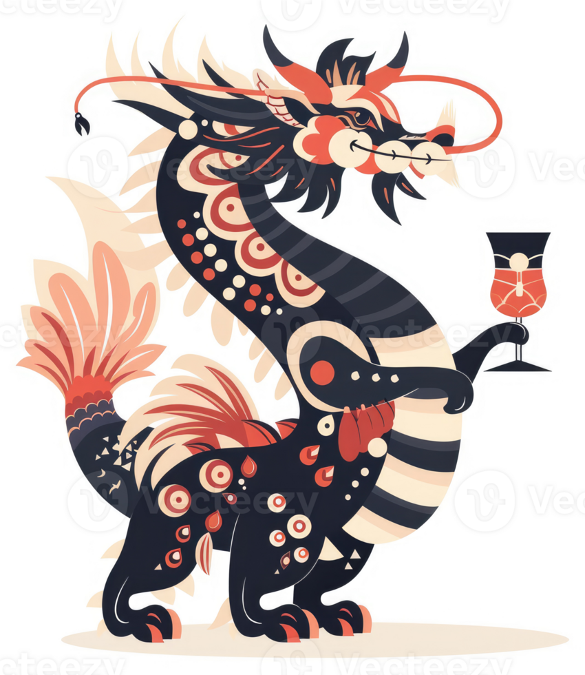 A stylized dragon, adorned with intricate patterns, holding a drink. png