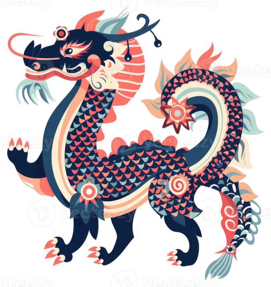 A stylized, colorful depiction of a mythical chinese dragon. png