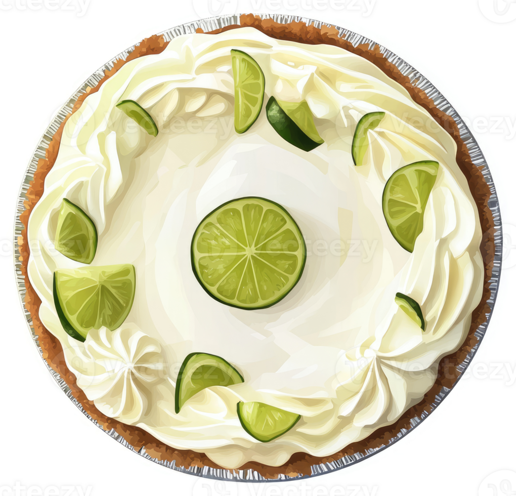 A delicious lime pie topped with whipped cream and lime slices. png
