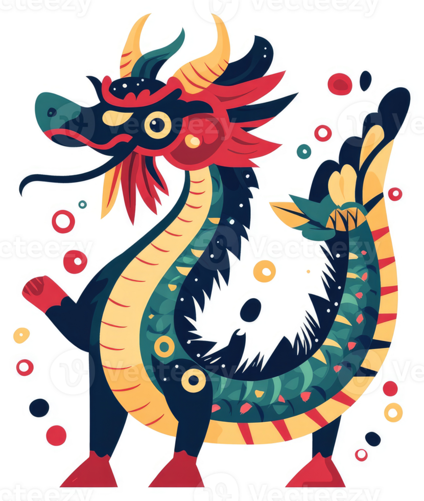 A stylized, colorful dragon with intricate details. png