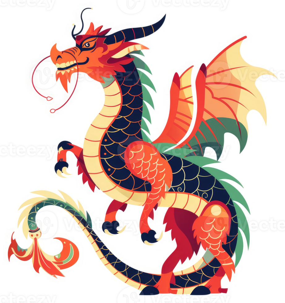 A vibrant illustration of a mythical dragon with intricate details. png