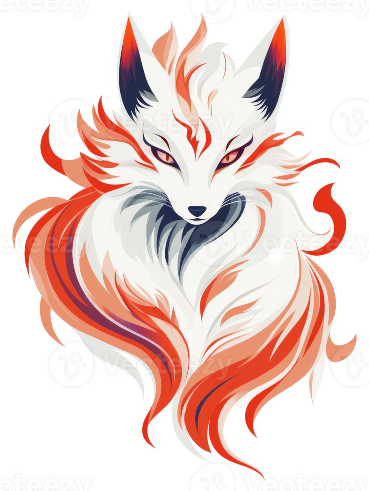 A stylized illustration of a mythical white fox with vibrant red and orange fur. png