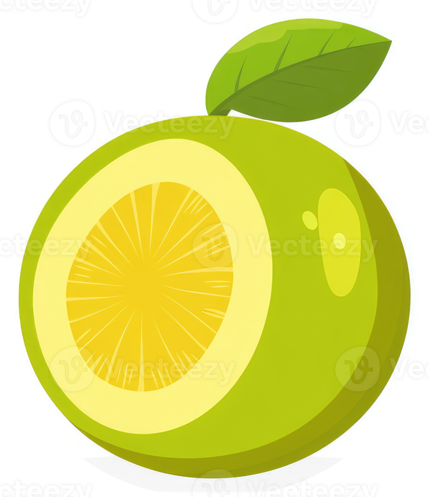 A cartoon illustration of a sliced lime with a leaf. png