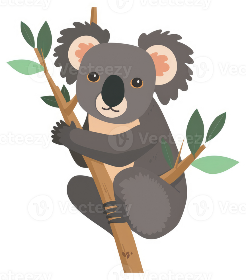 A cute koala clinging to a branch, surrounded by leaves. png