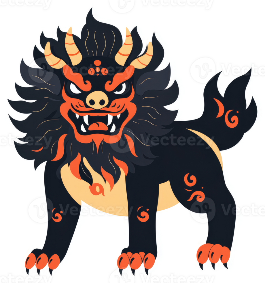 A stylized illustration of a ferocious chinese guardian lion. png