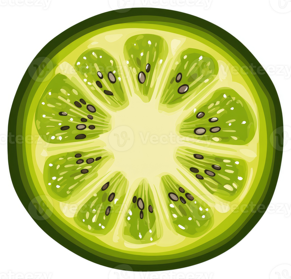 A detailed cross-section of a vibrant green kiwi fruit. png