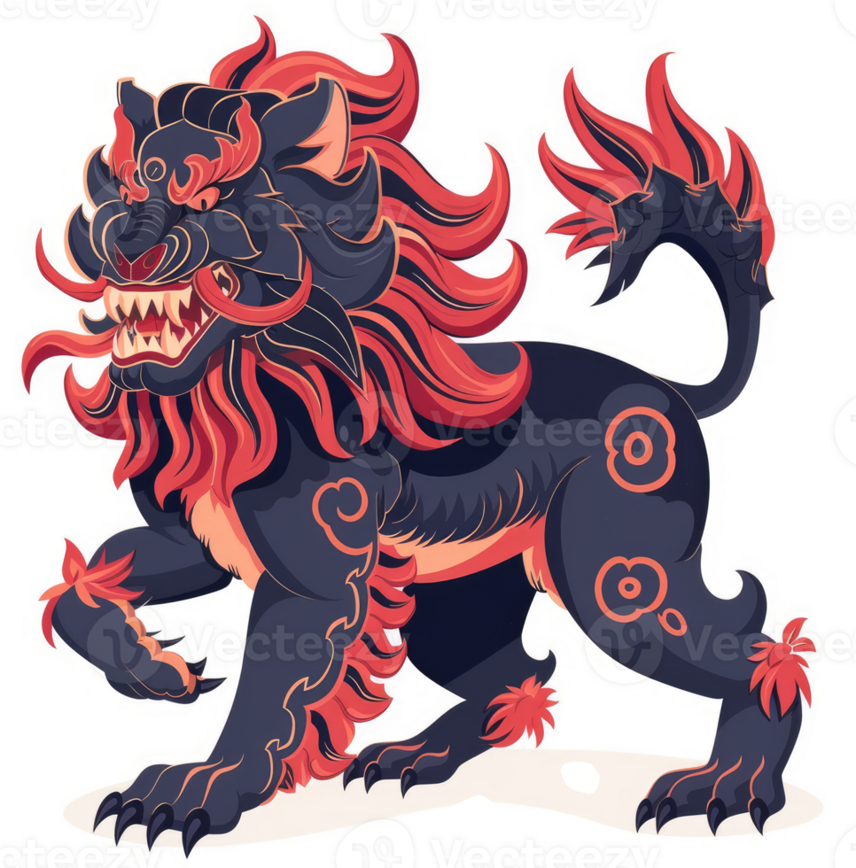 A vibrant illustration of a majestic Chinese guardian lion. png