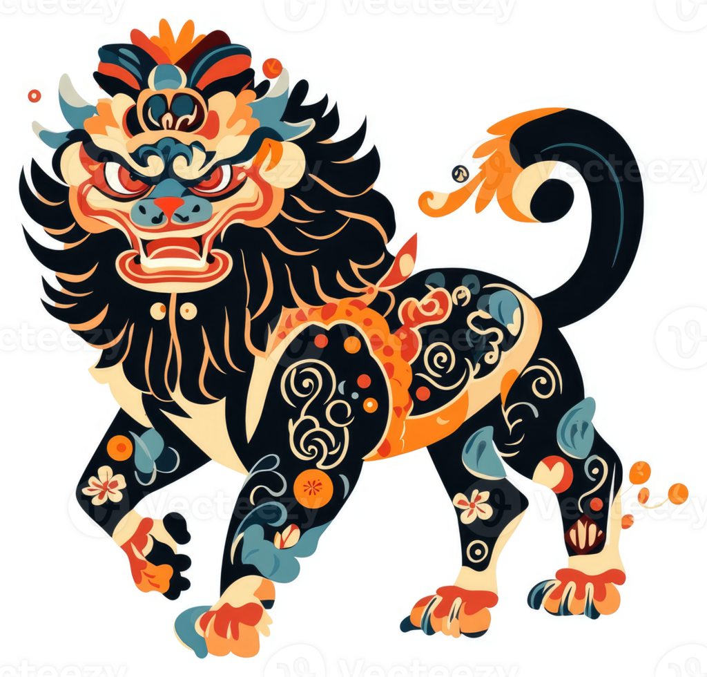 Ornate chinese guardian lion, decorated with vibrant floral and geometric patterns. png