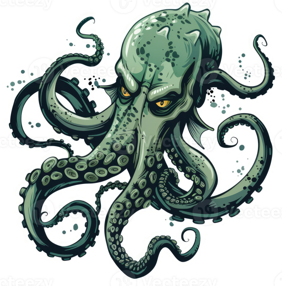 A fierce and detailed illustration of a menacing octopus. png