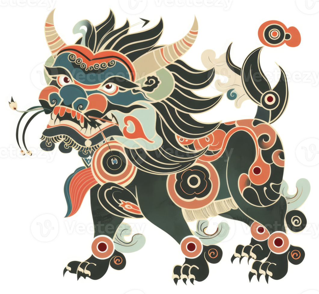 A stylized, colorful depiction of a mythical lion-like creature. png