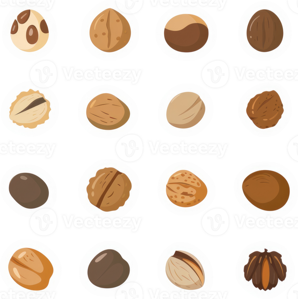 A variety of nuts displayed in a grid format. png