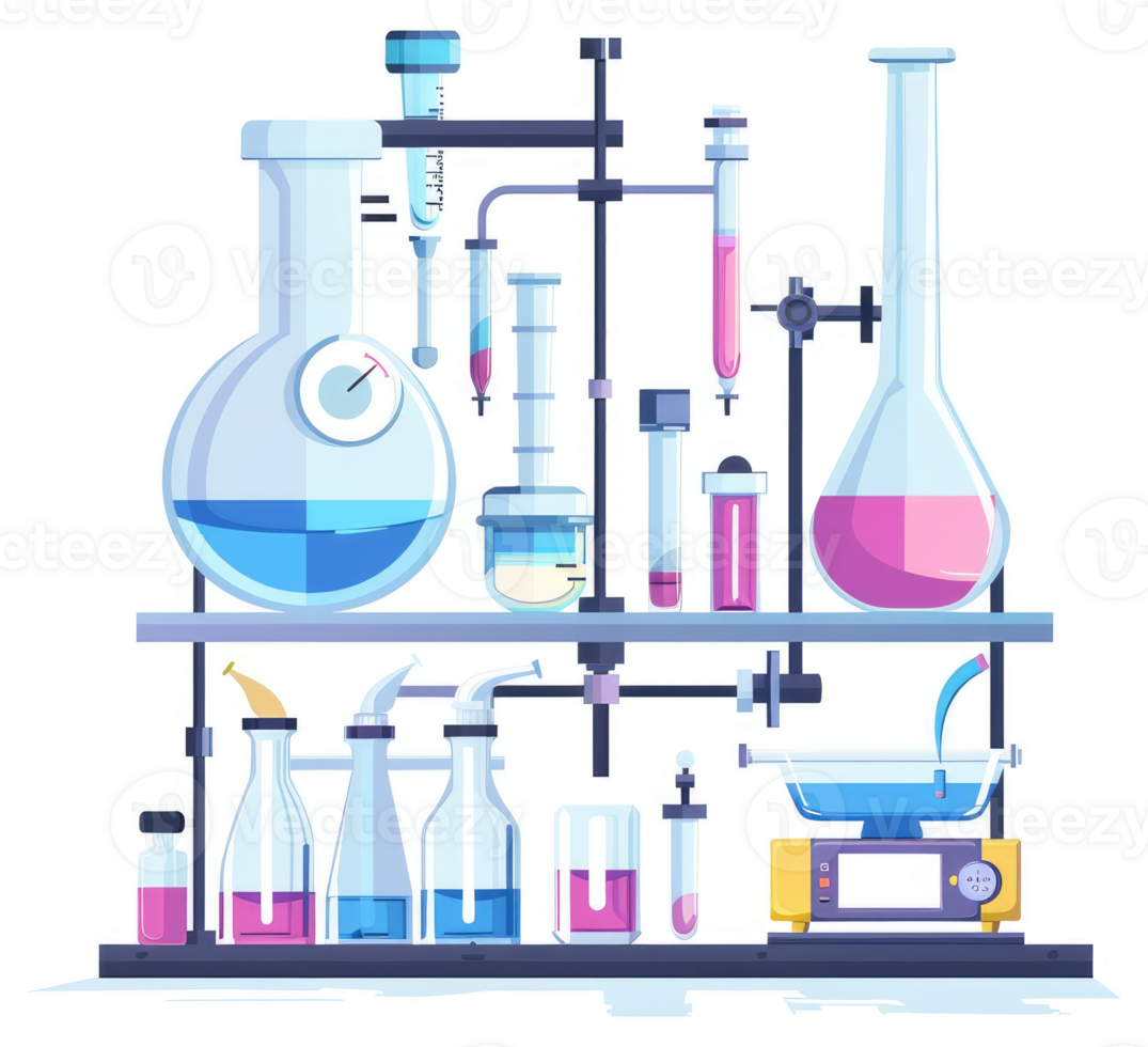 A colorful illustration of a laboratory apparatus with various glassware and liquids. png