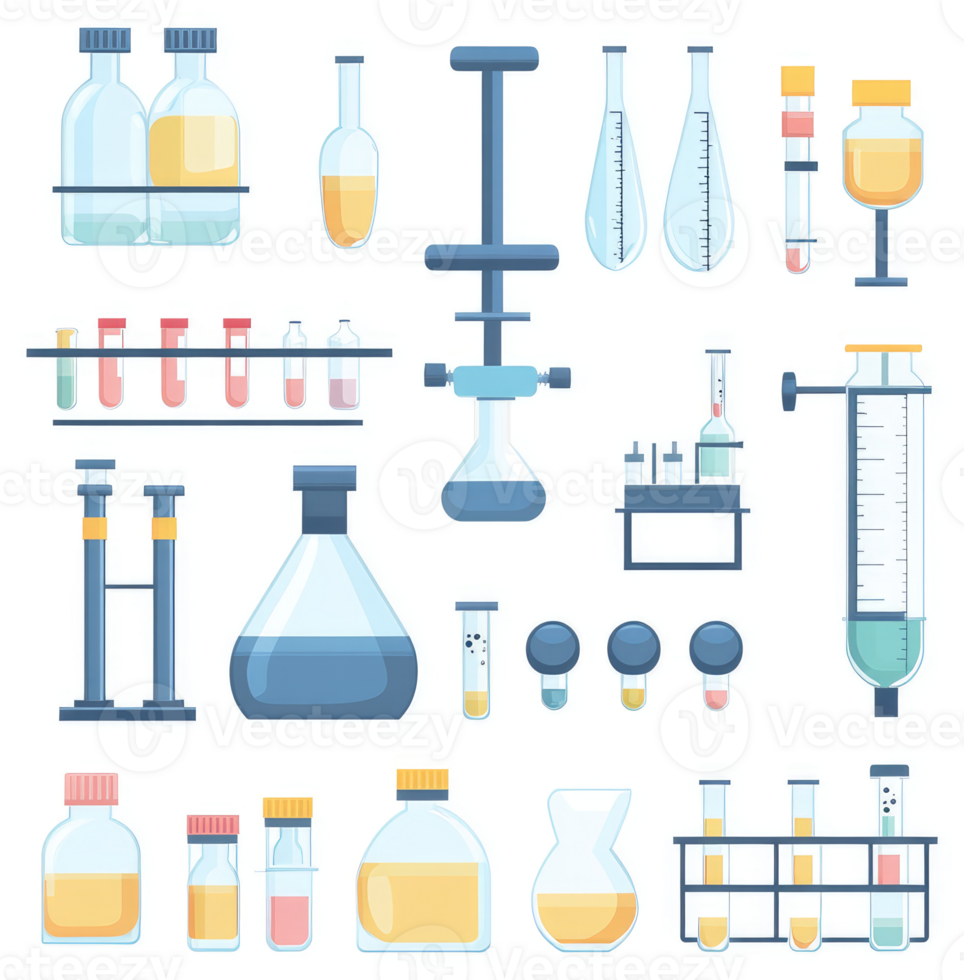 Assorted laboratory glassware and equipment for scientific experiments. png