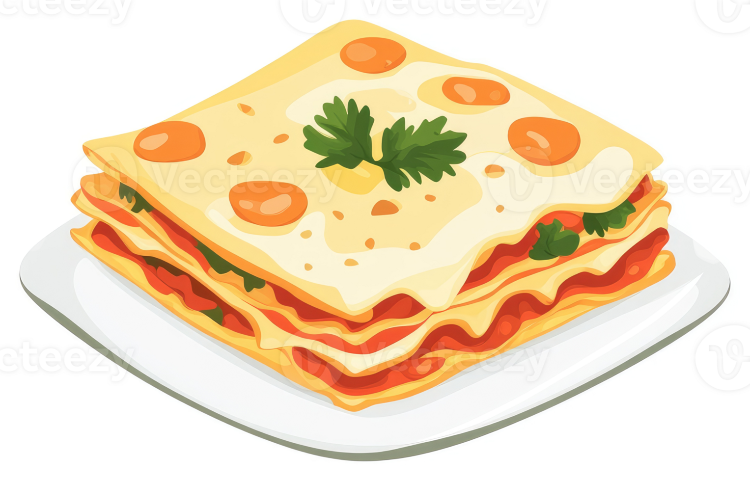 A delectable portion of layered lasagna on a white plate. png