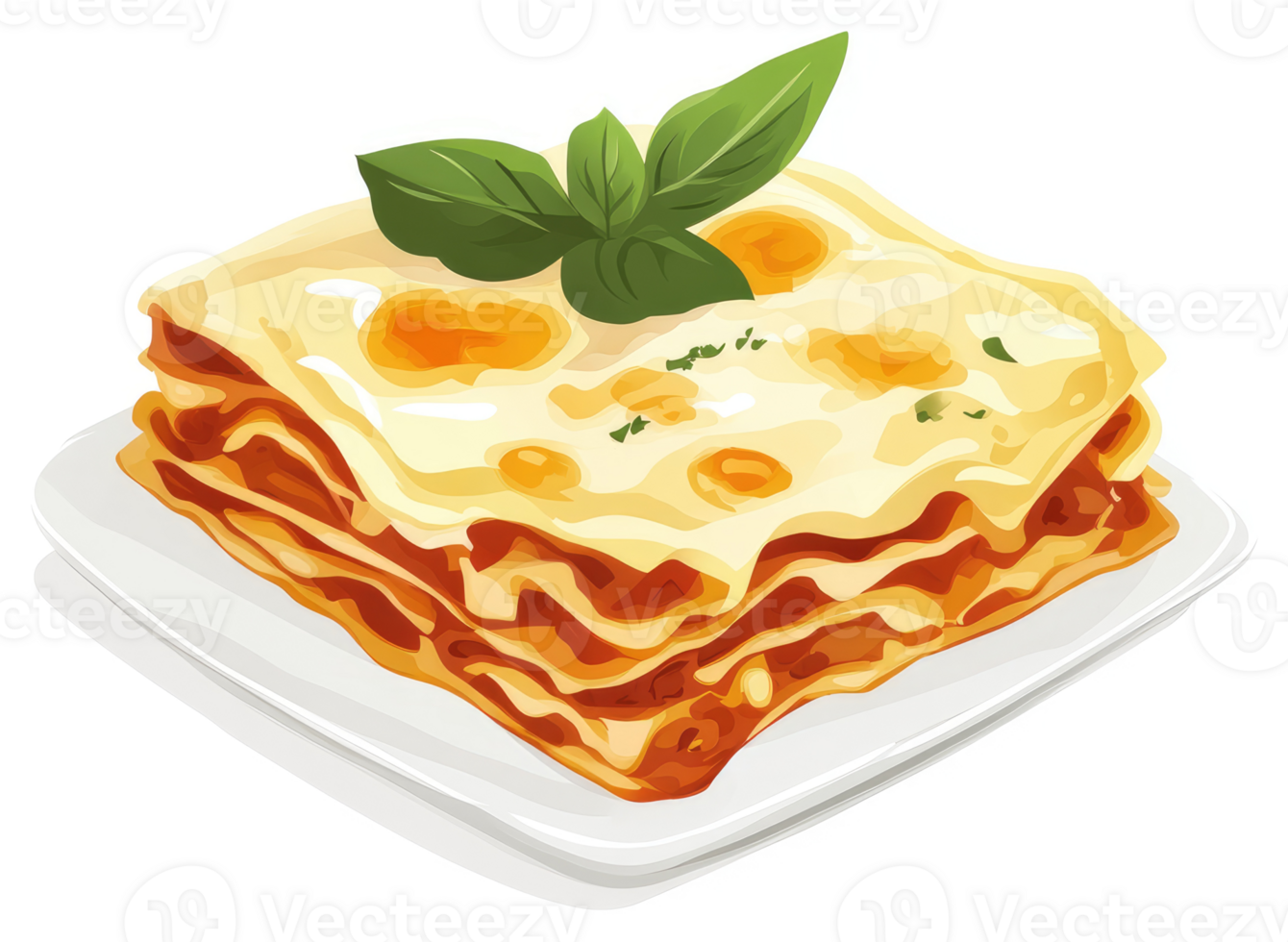 A delectable square of layered lasagna with melted cheese and fresh basil. png