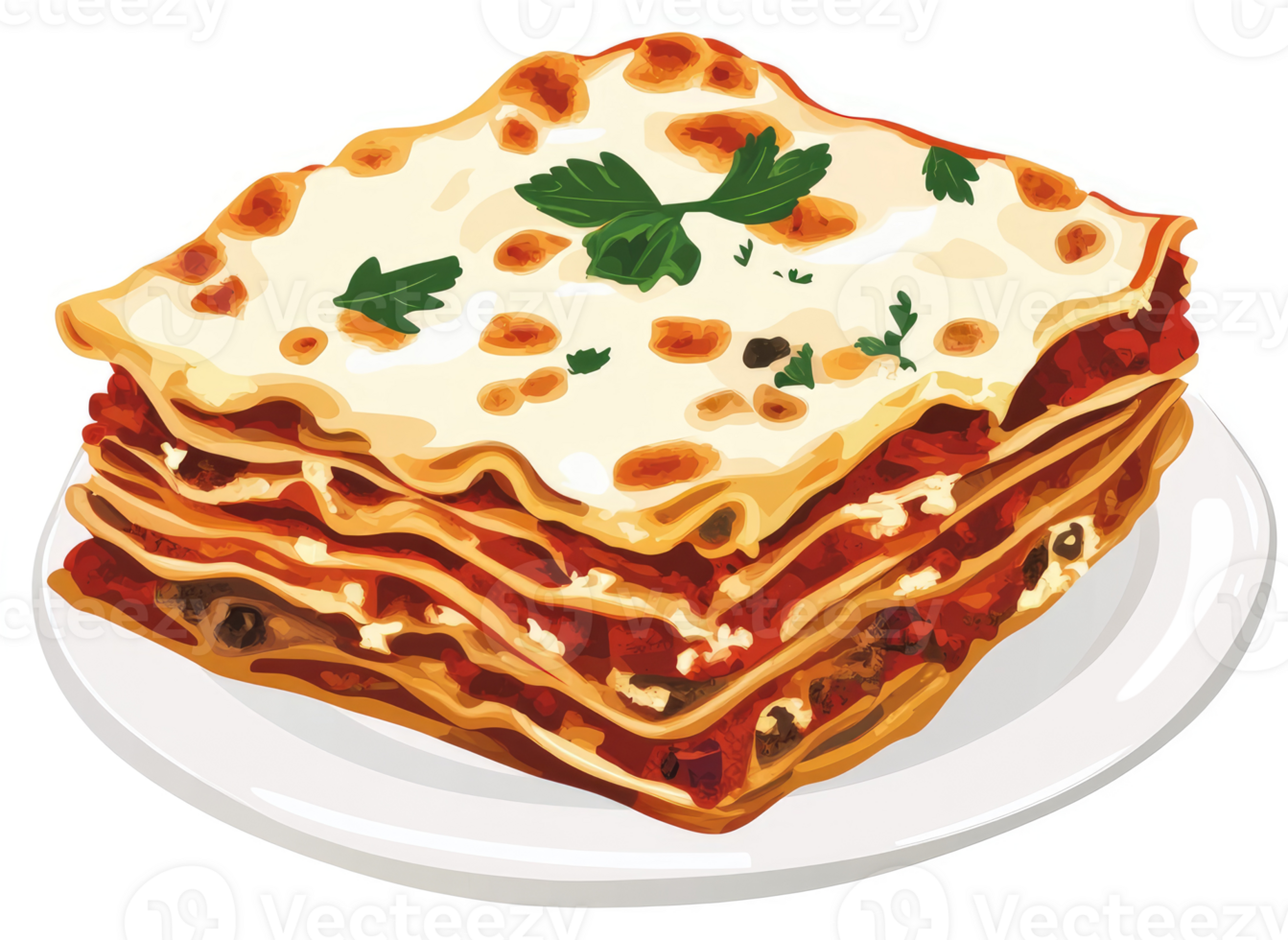 A delectable dish of layered lasagna on a white plate. png