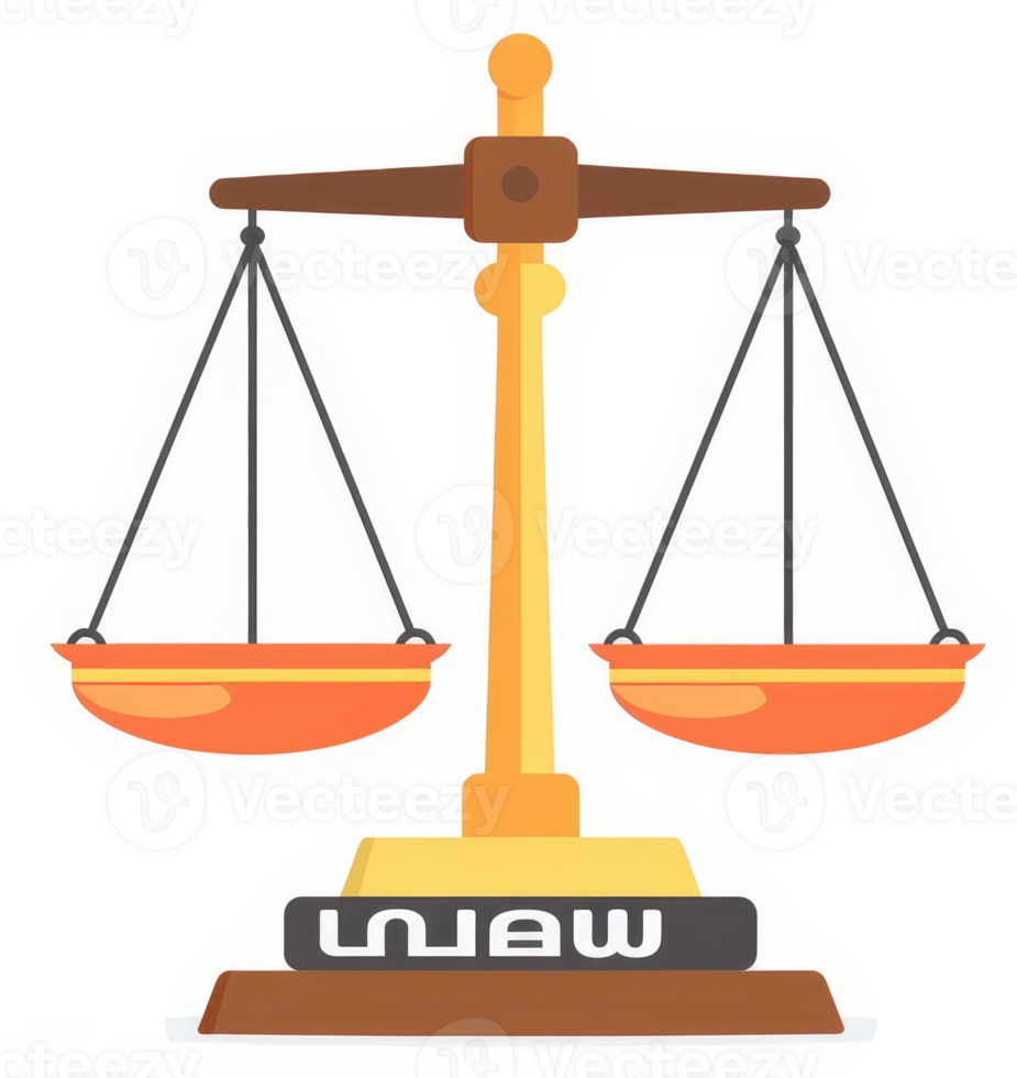 A stylized illustration of a balanced scale, a symbol of law. png