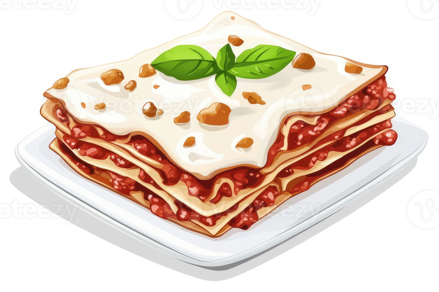 A layered dish of meat lasagna on a white plate. png