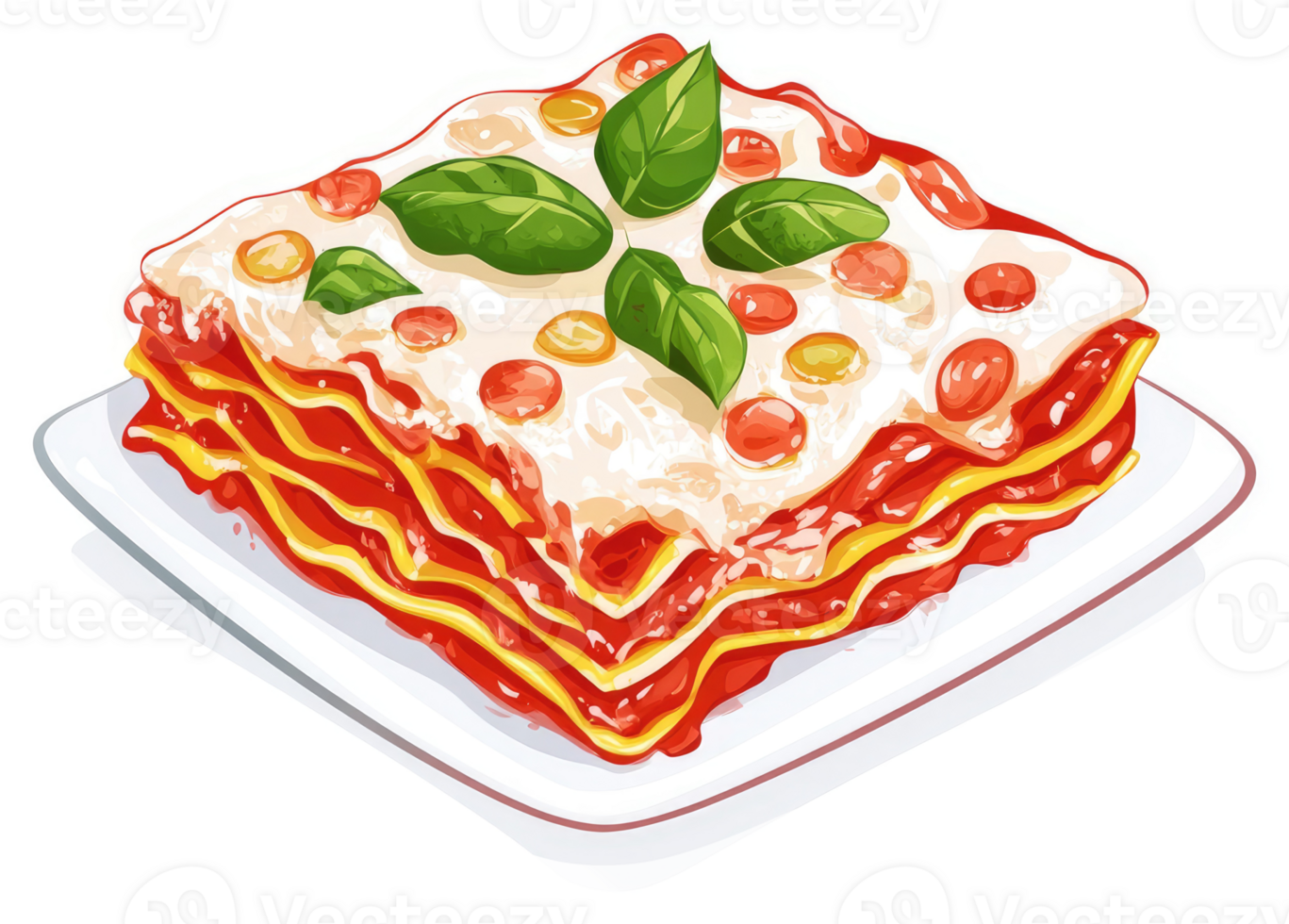 A delicious slice of layered lasagna topped with fresh basil. png