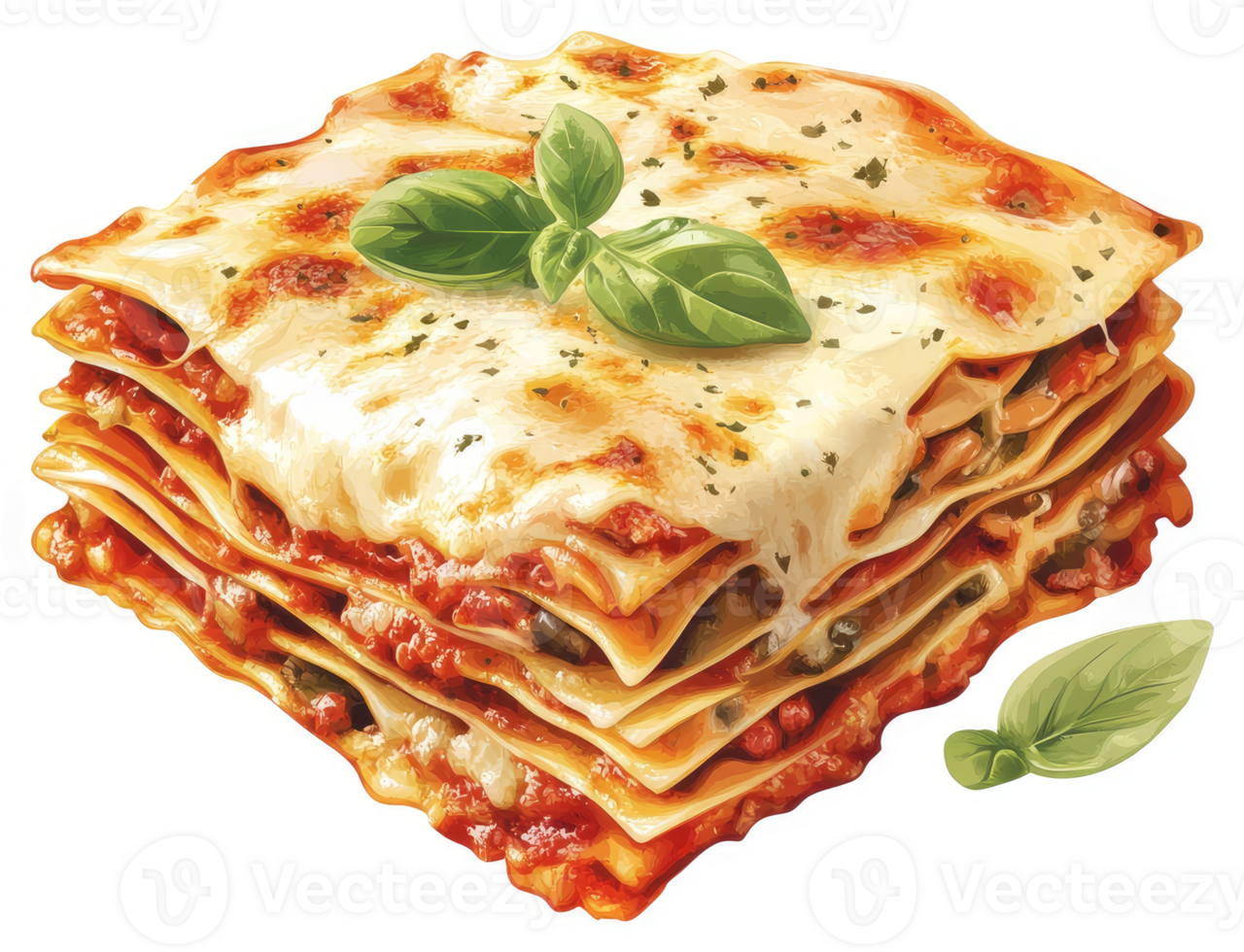 A delectable slice of layered lasagna, topped with melted cheese and fresh basil. png