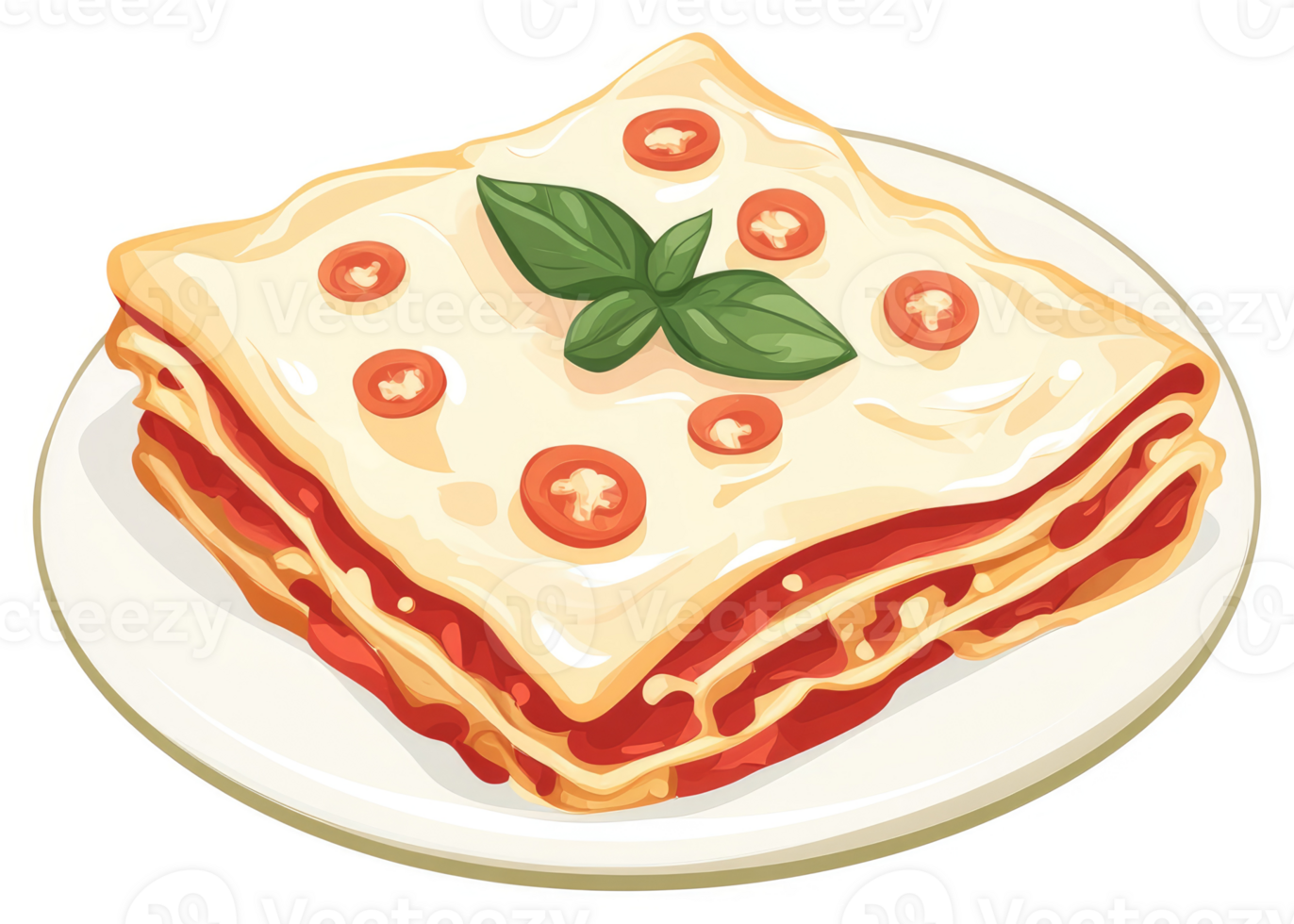A delicious portion of lasagna, topped with fresh basil and cherry tomatoes. png