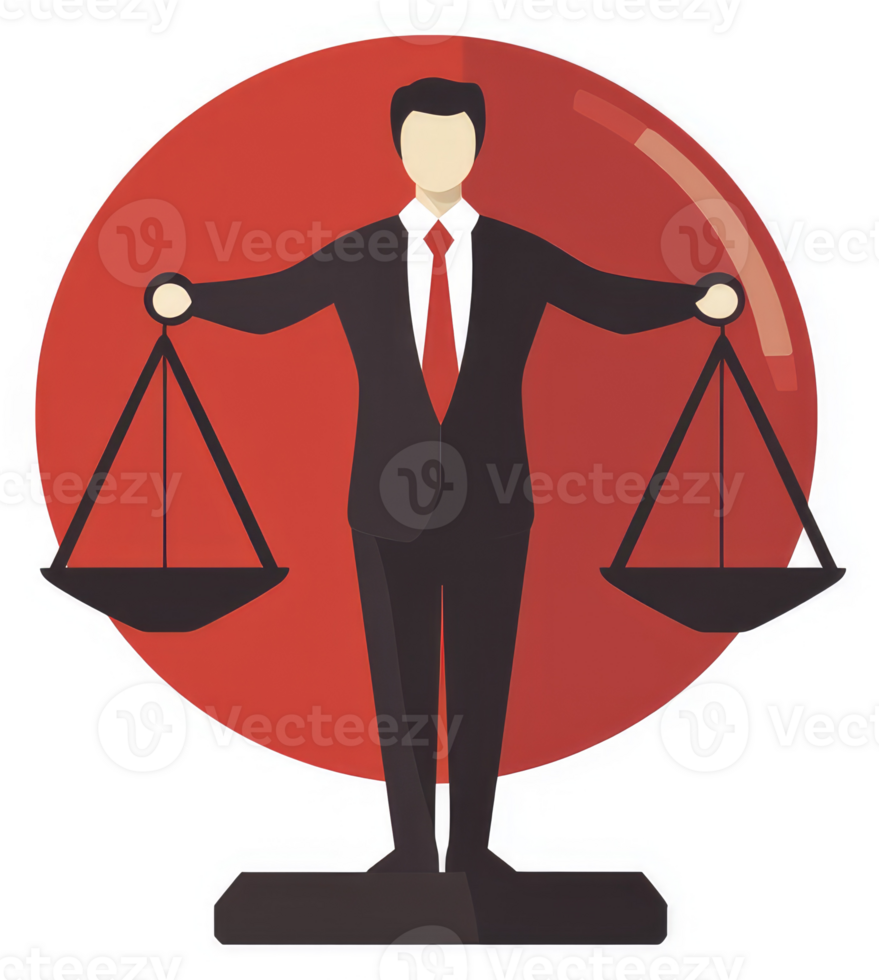 A businessman stands balanced on justice scales, symbolizing fairness and equity. png