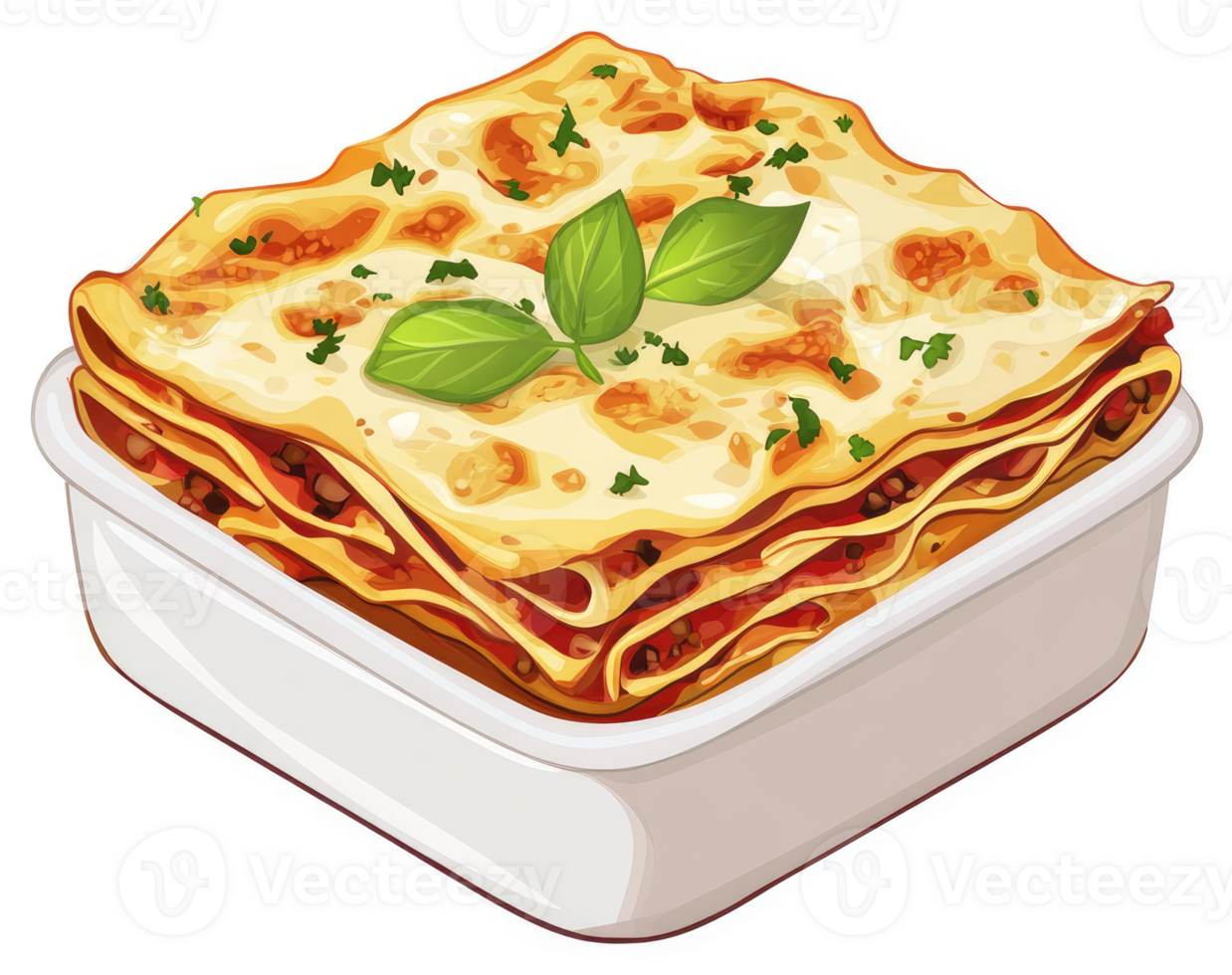 A colorful illustration of a hearty lasagna dish in a container. png
