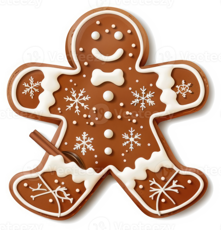 A festive gingerbread man cookie decorated with icing snowflakes. png