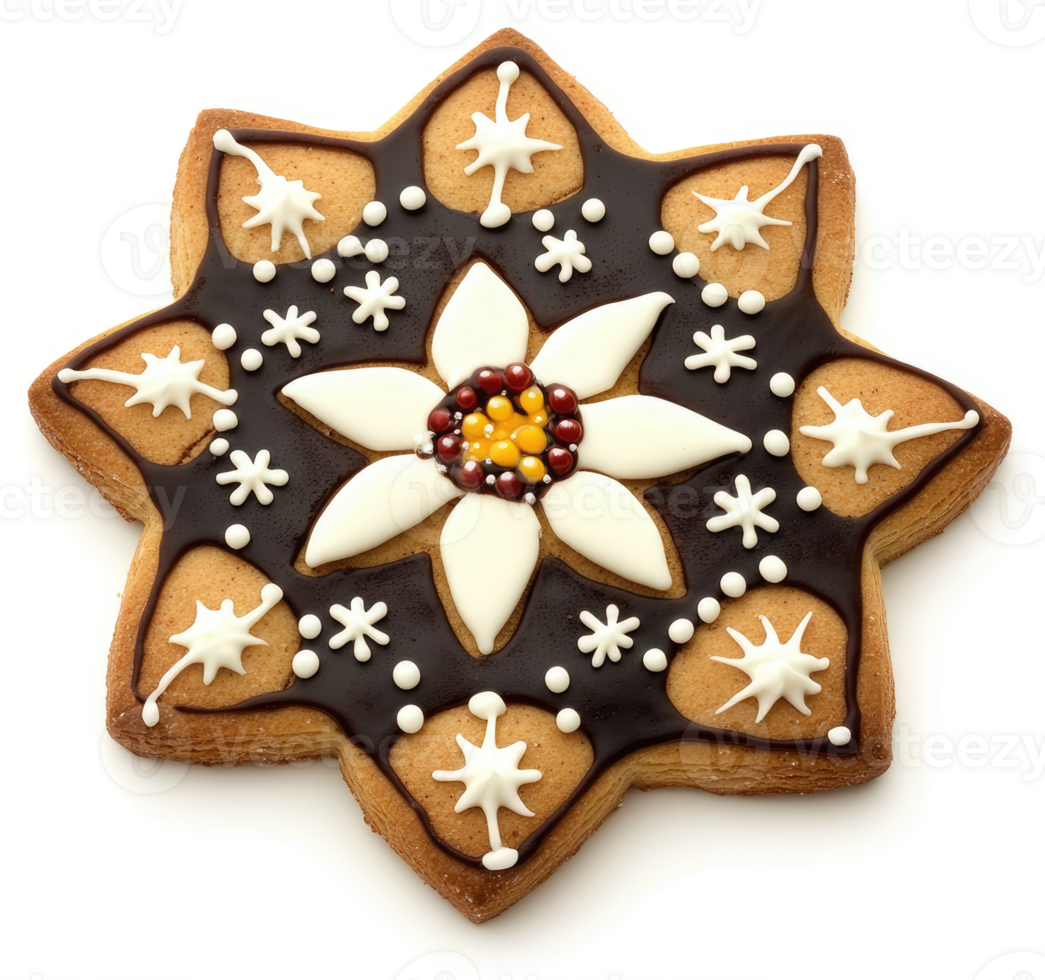 A decorative star-shaped gingerbread cookie with intricate icing designs. png