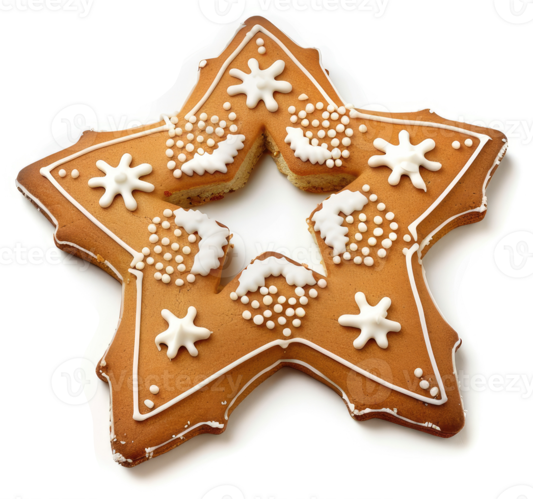 A decorative star-shaped gingerbread cookie, intricately iced with white icing. png