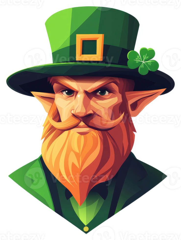 A leprechaun portrait with a vibrant green hat and a bright orange beard. png