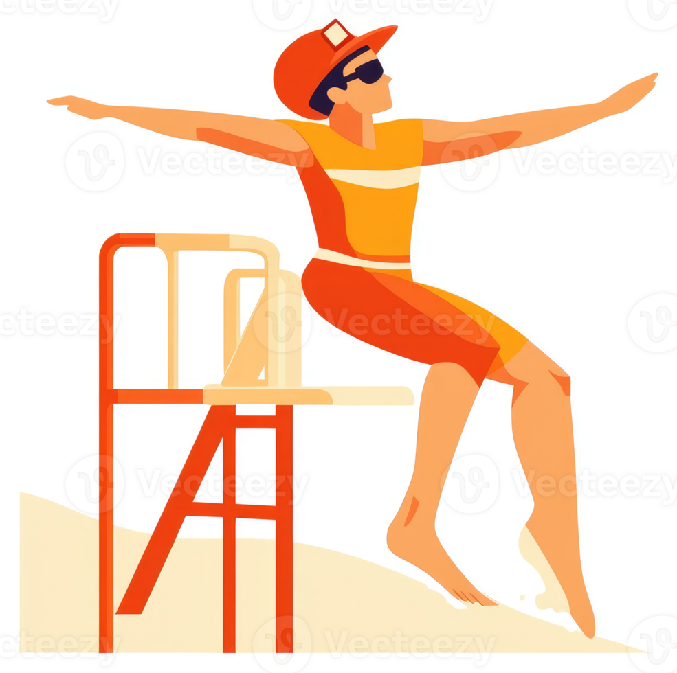 A lifeguard sits attentively on a beach stand, ready to assist. png