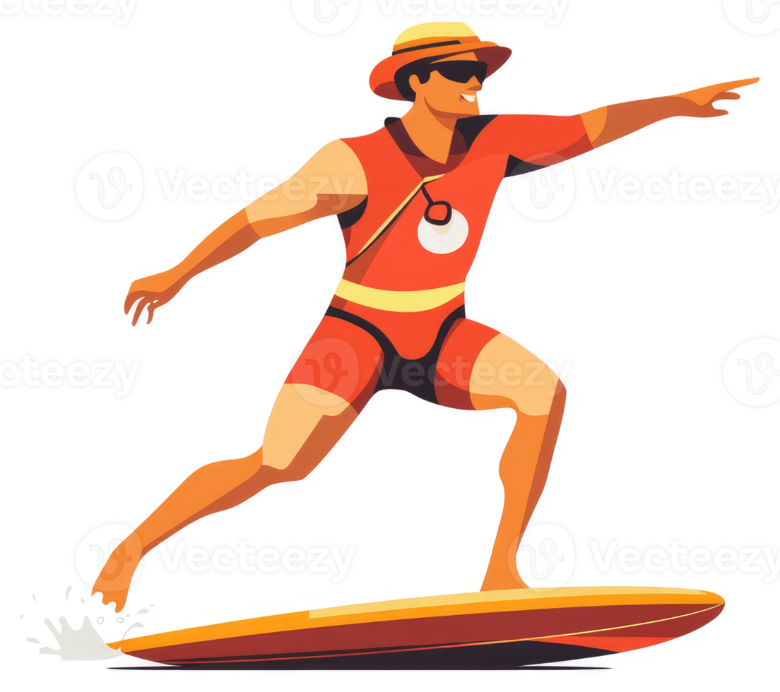 A lifeguard in action, confidently pointing towards the horizon while surfing. png