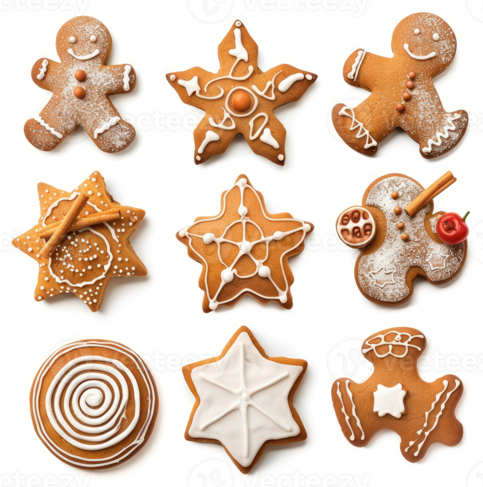 Nine decorated gingerbread cookies in various shapes. png