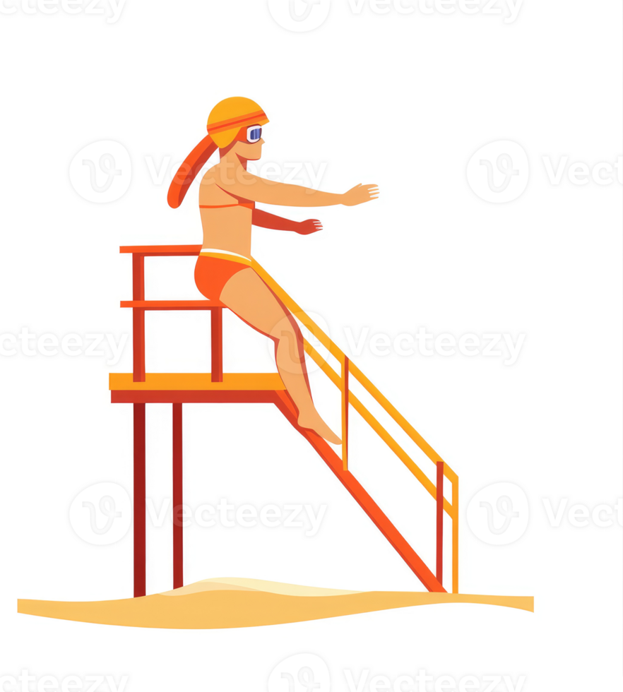 A lifeguard in an orange swimsuit prepares to enter the water. png