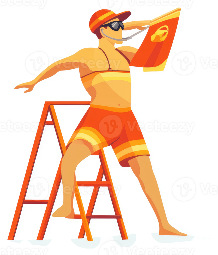 A lifeguard in orange swimwear stands on a ladder at a swimming area. png
